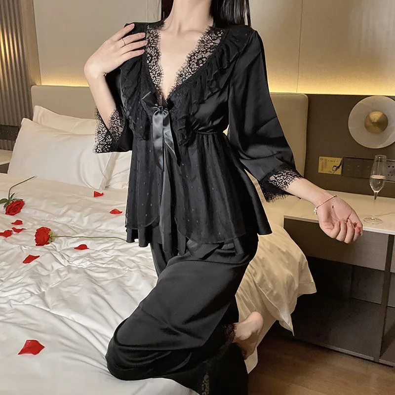 

Женский сексуальный атласный пижамный комплект, однотонный v-образный вырез, кружевная отделка, декор с бантом, топ и брюки, дышащая ткань для взрослых, нижнее белье, одежда для сна, пижамы