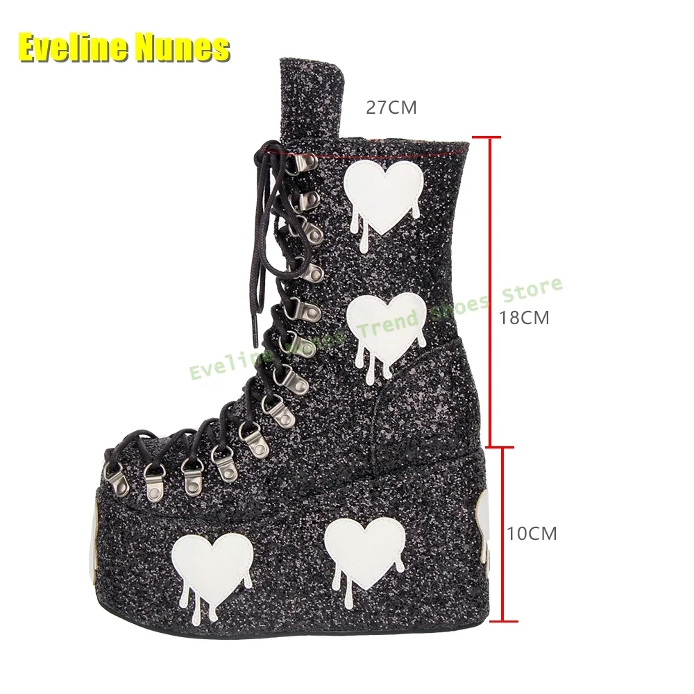 Black Glitter Traitor Club Boots with Holographic Hearts Round Toe Wedges Cross Tied Sequined Cloth Patchwork Fashion Boots 2025