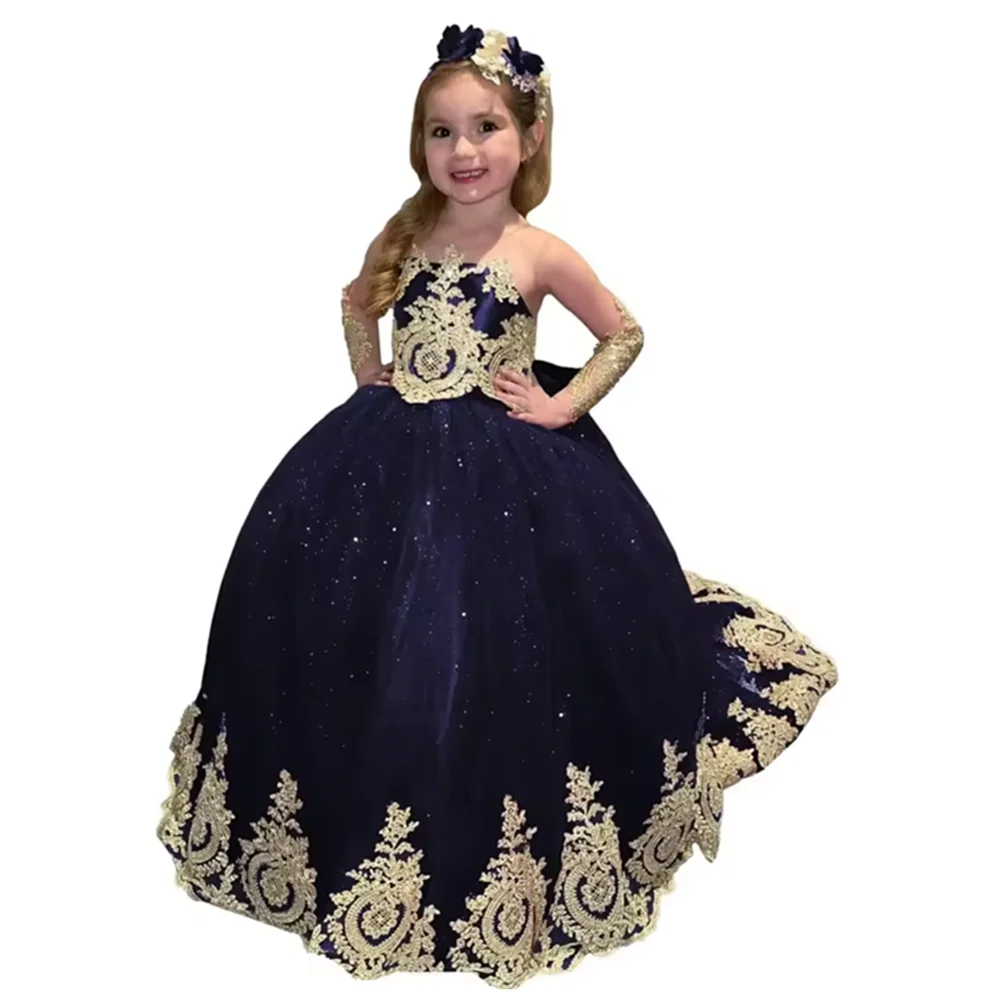 Sukienki dla dziewczynek na wesele z koronką, satynową kokardą, sukienka na Pierwszą Komunię Świętą z trenem, sukienki księżniczki dla małych dzieci na konkursy piękności