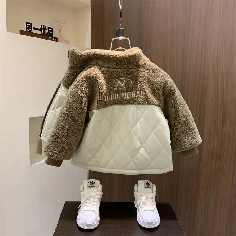 Boys Plush Jacket With Cotton Jacket 2024 Baby Thin Cotton Jacket Handsome Children\'s Autumn And Winter Clothing Thick Jacket