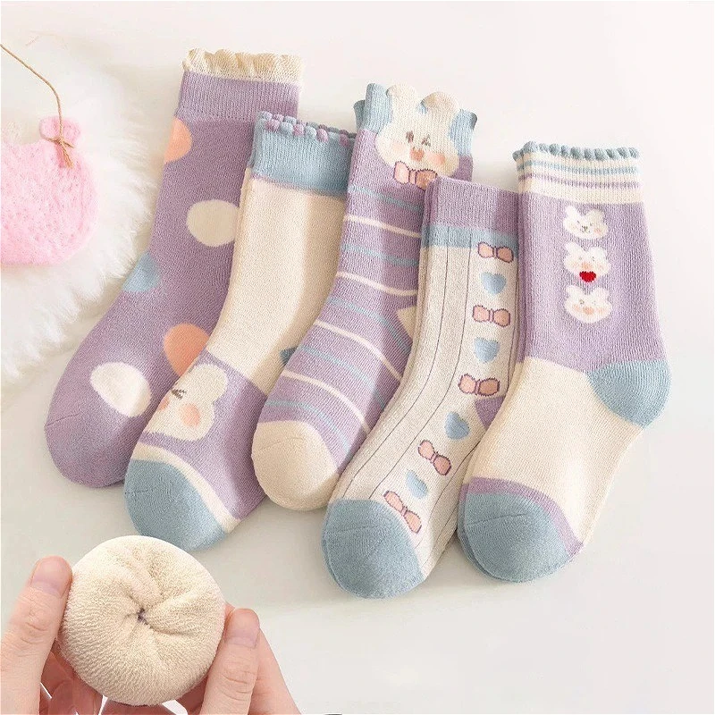 5 Pairs Girls Thick Socks Cute Cartoon Bunny Children Socks New Winter Warmth Purple Mid Tube Socks Autumn Winter Student Sock