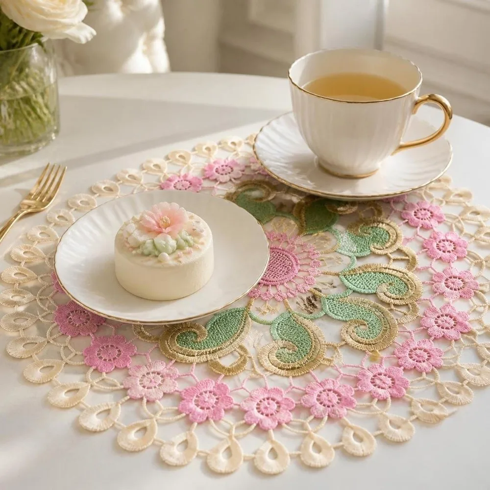 Vintage Embroidery Lace Doily Placemat Mandala Colorful Lace Coaster Table Cloth Round Hollow Tea Pad Mat Wedding Banquet