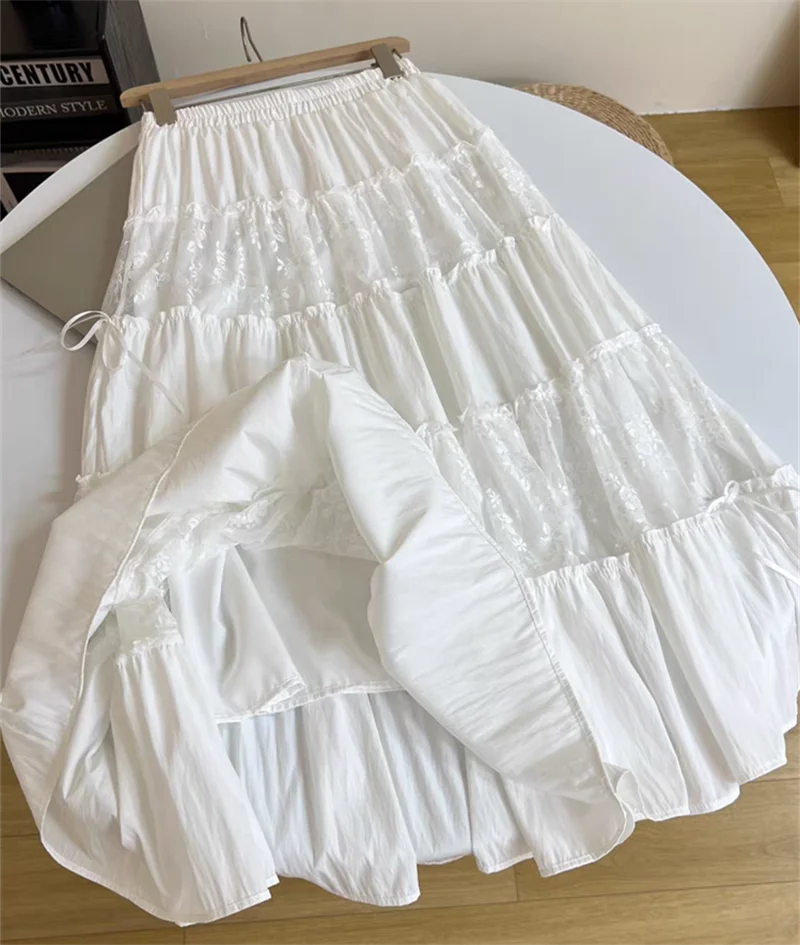 Spring Summer New Women's Skirt Elastic High Waist Lace Patchwork Hollow Out Solid Color Female A-line Skirts