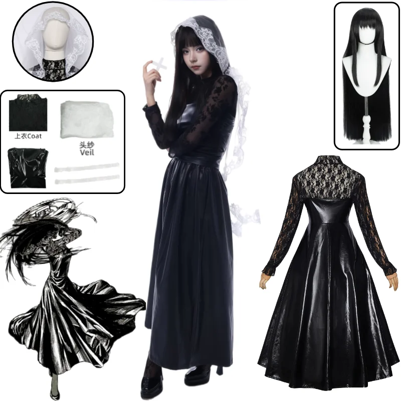 

Osaragi Cosplay Costume SAKAMOTO DAYS Black Dress with Lace Liner Anime Stage Costume White Veil Wig Set for Halloween Party