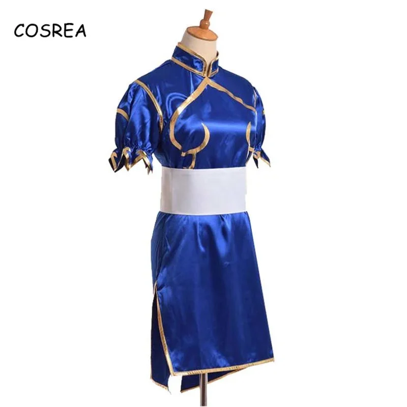 Spiele Chun Li Cosplay Kostüme Halloween Party Sutorito Faita Blau Cheongsam Kleid Gürtel Kopfbedeckung Mit Frauen Mädchen Kleidung