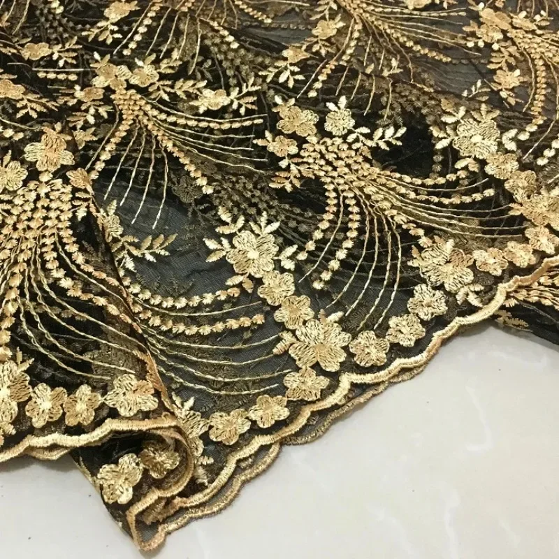 Quality African Lace Fabric Gold Royal French Net Embroidery Tulle Lace Fabric For Nigerian party Dress wedding dress 50*125cm