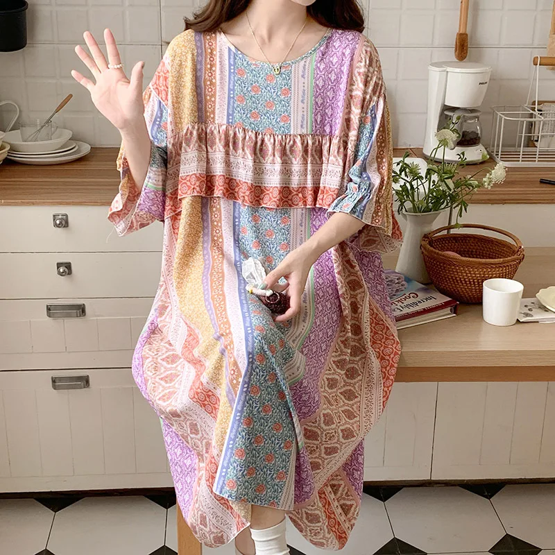 Womens Short Sleeve Sleepshirt Scoop Neck Cute Floral Nightgowns Soft Comfy Lightweight Thin Cotton Sleepdress Ladies Nightdress