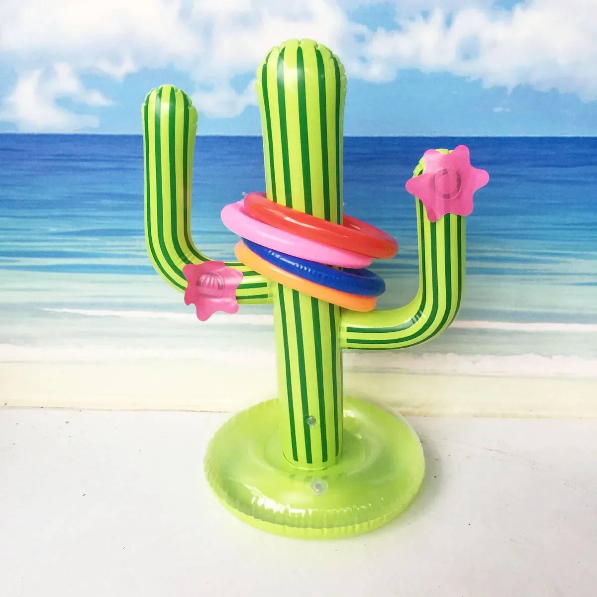 

Outdoor Swimming Pool Accessories Inflatable Cactus Ring Toss Game Set with 4 Ring Floating Pool Toys Beach Party Supplies