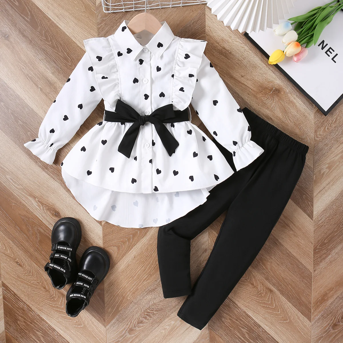 2025 Children's Clothing Autumn New Girls Fashion Long Shirt Dress with Belt Leggings Set Cross-border