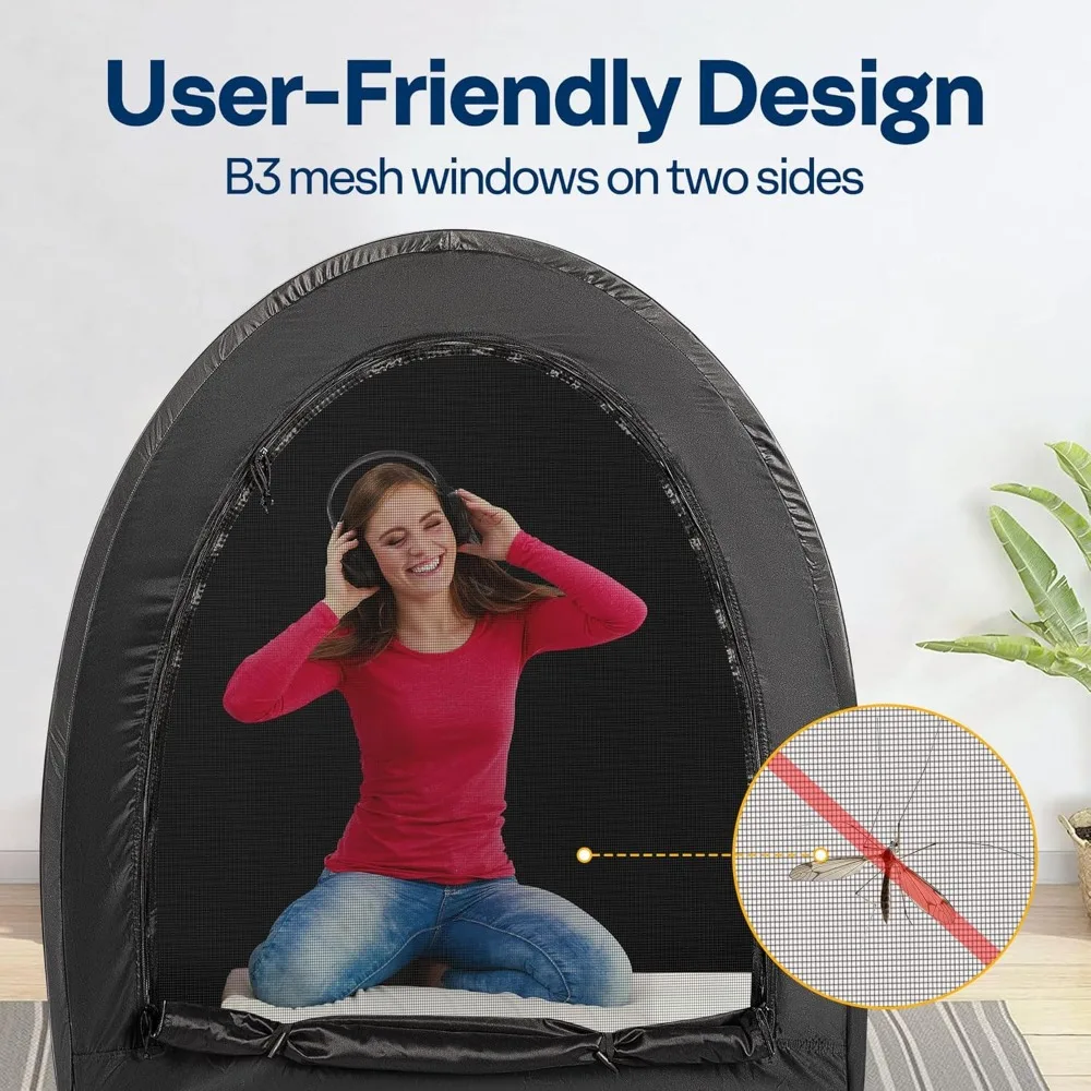 VIVOHOME ポップアップベッドテント ツインサイズ、プライバシーベッドキャノピー（4ドア、蚊帳付き）、通気性のあるオールブラックスリーピングテント（子供用）