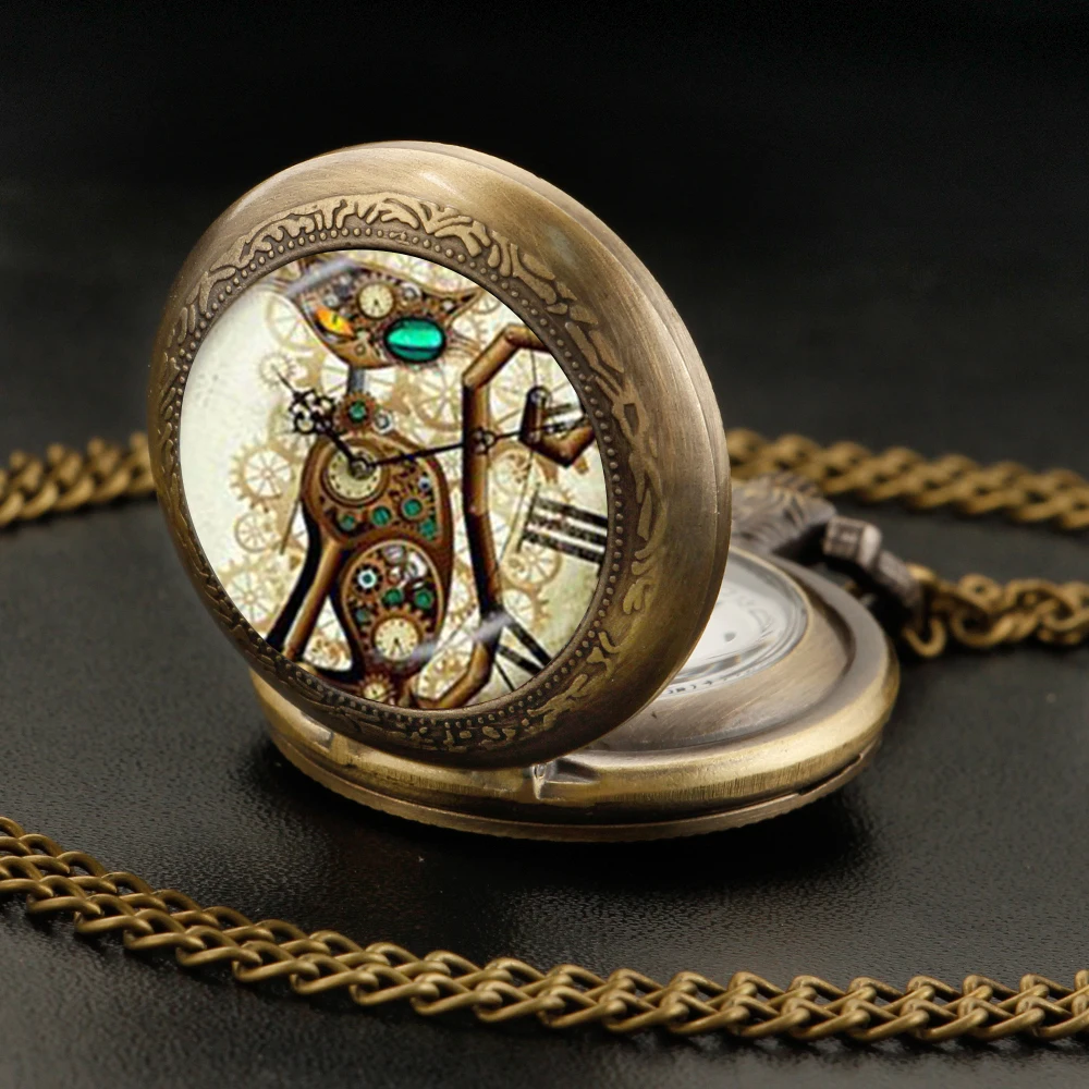 New Mysterious machine Cat Bronze Vintage Quartz Pocket Watch Women Men Necklace Unique Pendant Clock Watch Gift Accessories