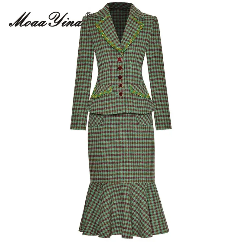 

MoaaYina Fashion Runway Spring Skirts Set Women Long sleeve Green Plaid Print Coat+Mermadi Skirt Two Pieces Suit