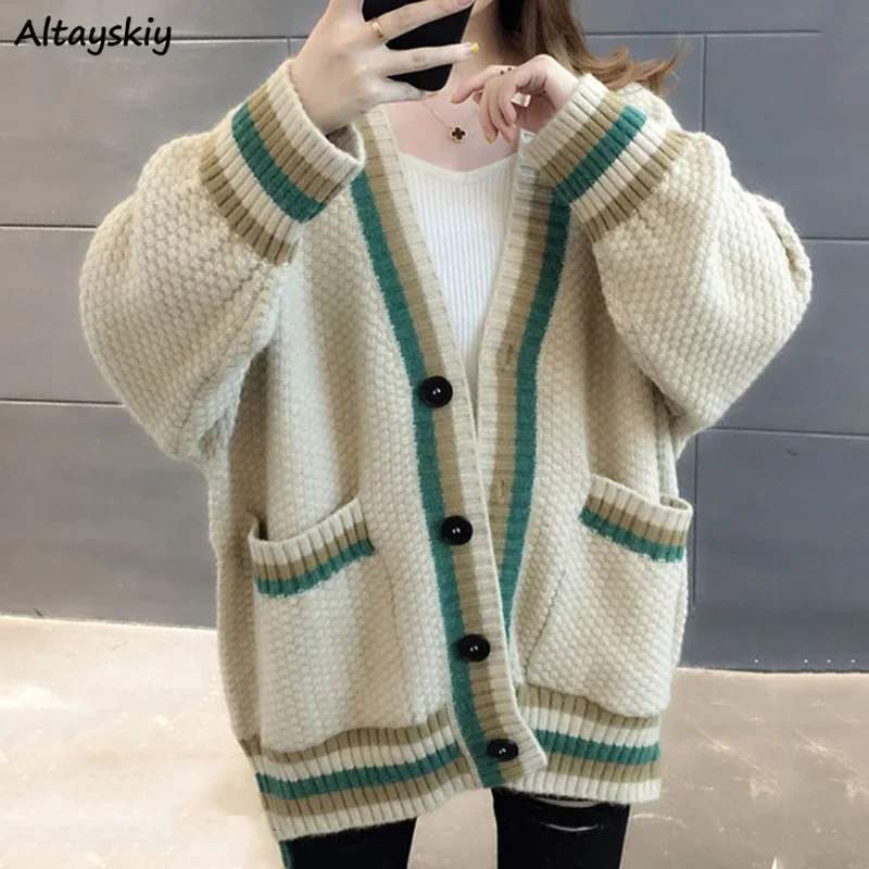 Cardigan Women S-3XL Thick Warm All-match Tricot Striped Panelled Streetwear V-neck Knitwear Baggy Retro Sweaters Stylish Mature