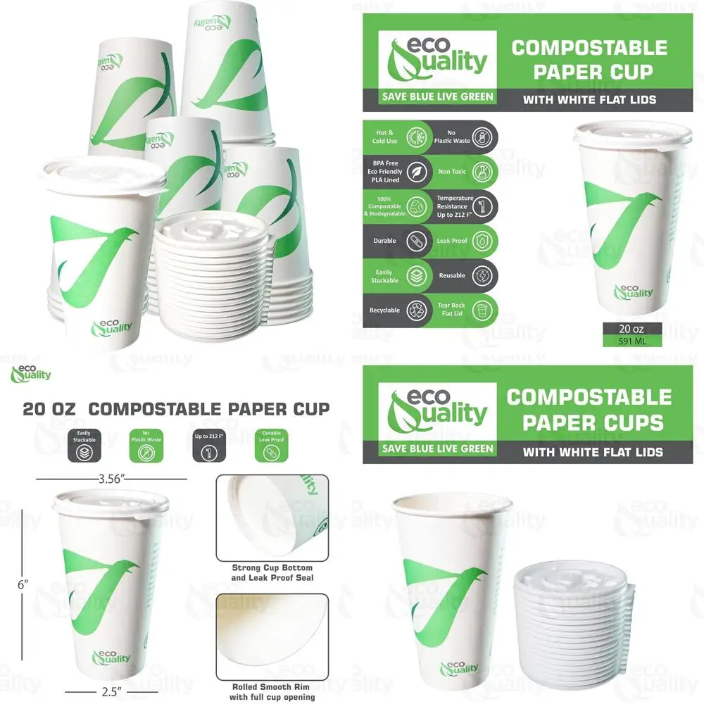 

20 oz Compostable Paper Cups with White Flat Lids - Biodegradable Disposable White Paper Coffee Cups PLA Lined - Eco-friendly Ho