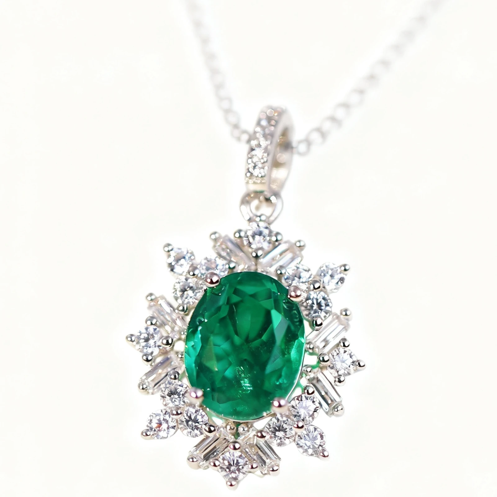 

Thick Rhodium Plated 925 Sterling Silver With 3ct Oval Lab-Grown Emerald 925 Silver Necklace Gift for women