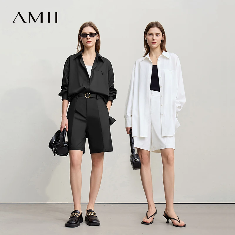 

Amii Women's Shirt 2026 Spring New Drop Shoulder Sleeve Split Separate Shirt Pleated Casual Versatile Shorts Women's 12621 018