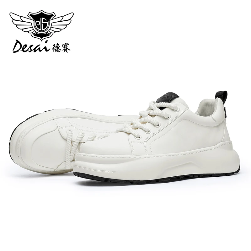 DESAI Full Grain Leather Casual Shoes For Men Thick Bottom White Color Sneakers Breathable 2023 Fashion New Arrival