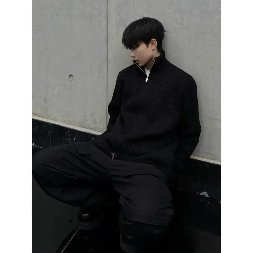 Suéter de Tricô com Gola de Zíper em Cor Sólida Estilo Americano para Homens e Mulheres, Casaco Casual Quente e Espo para ...