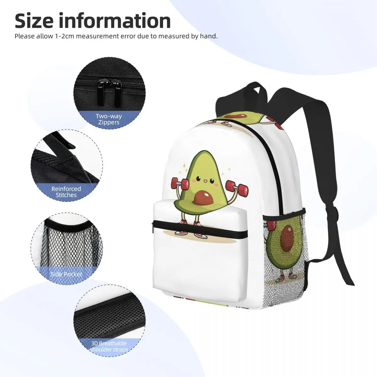 دمبل رفع الأفوكادو العضلي، تصميم مضحك للياقة البدنية والطعام، حقيبة ظهر Daypack، حقيبة كتب مدرسية، حقائب كتف للرجال والنساء