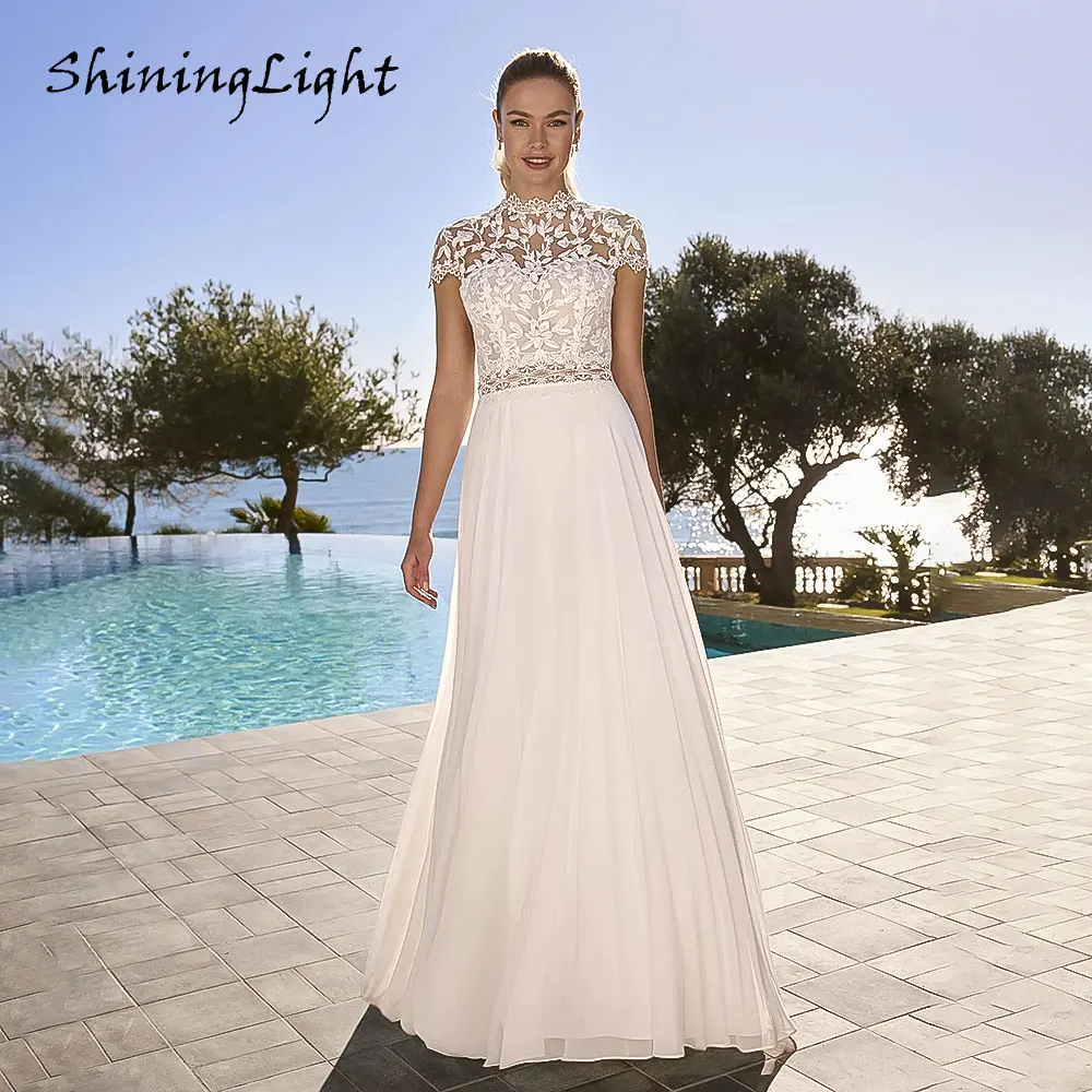 

ShiningLight Chiffon Lace A-Line Wedding Dress Cap Sleeve O-Neck Long Beach Bridal Dress Sweep Train vestido boda Customized