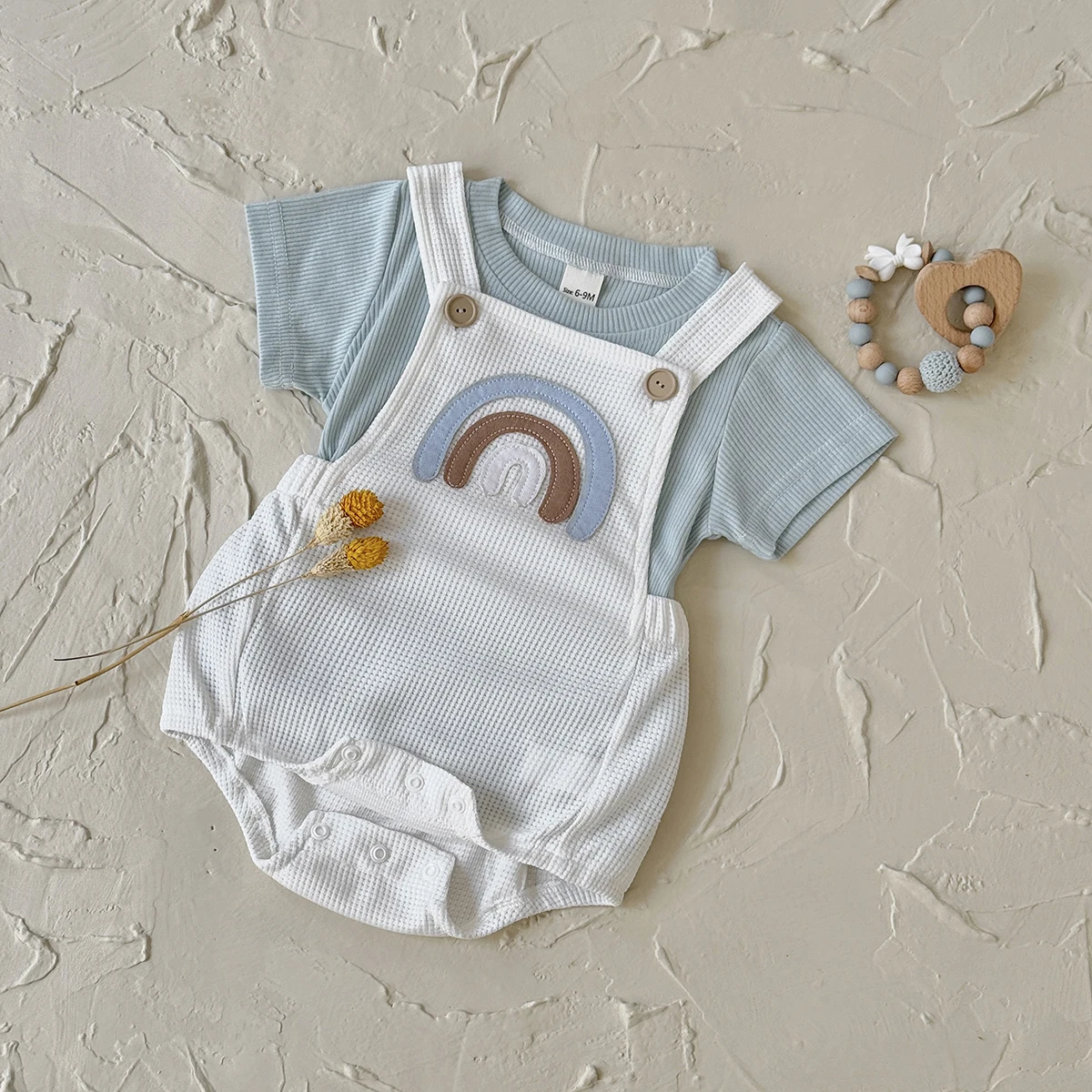 Neugeborenen-Babykleidung für Jungen, Sommer-Mädchenset, Regenbogen-Patch-Overall, Strampler + Kurzarm-Shirt, 2-teiliges Set – Detail 6