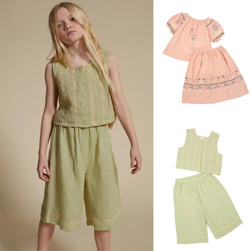 Children's Set 2024 Spring/Summer APO Embroidery Set Girl's Top Pants Half Skirt Two Piece Set