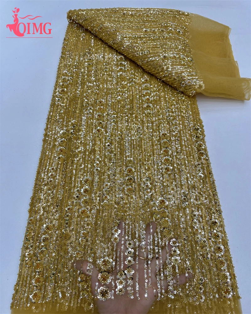 OIMG Fashion African Beaded Lace Fabric 2024 High Quality Lace Nigeria Lace Fabric French Sequin Lace Fabric For Party Dress