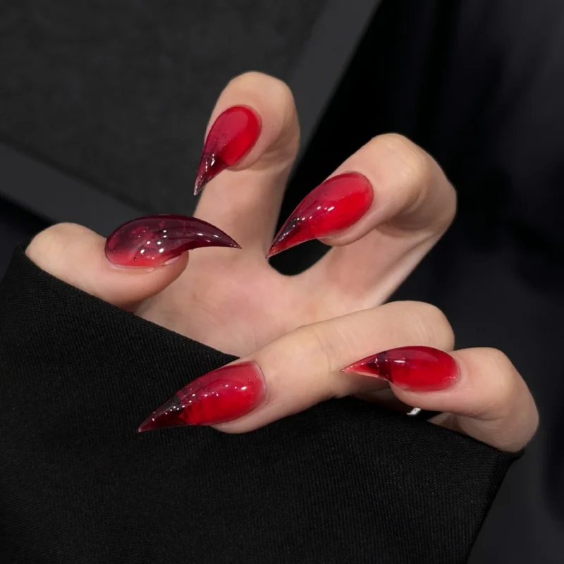 Curved Long Stiletto Blood Red Smoke Gradient Press On Nails Transparent Glossy Gothic Punk Cool Halloween Reusable False Nail T