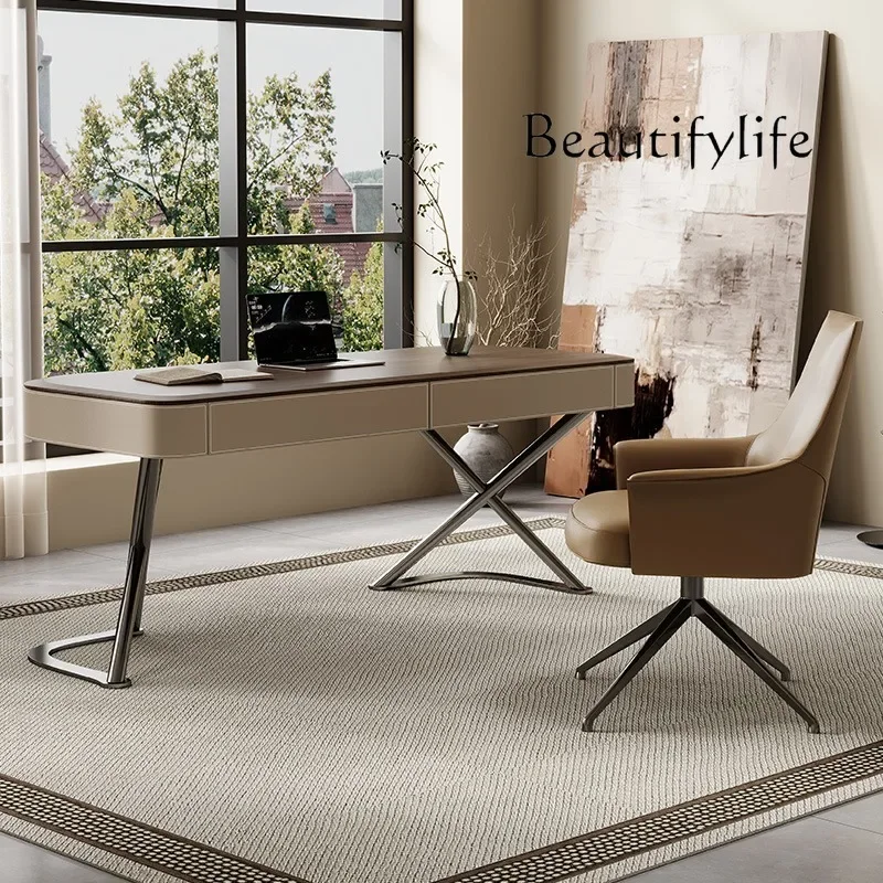 

leather home study bedroom walnut leather office table High-end solid wood desk modern simple saddle