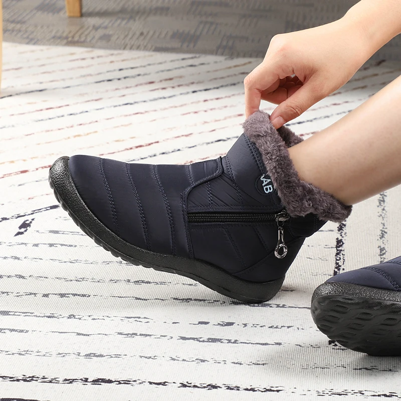 Women Waterproof Snow Boots Side Zipper Decor Pendant Fuzzy Plush Collar Non Slip Soft Sole Warm Outdoor Winter Ankle Booties