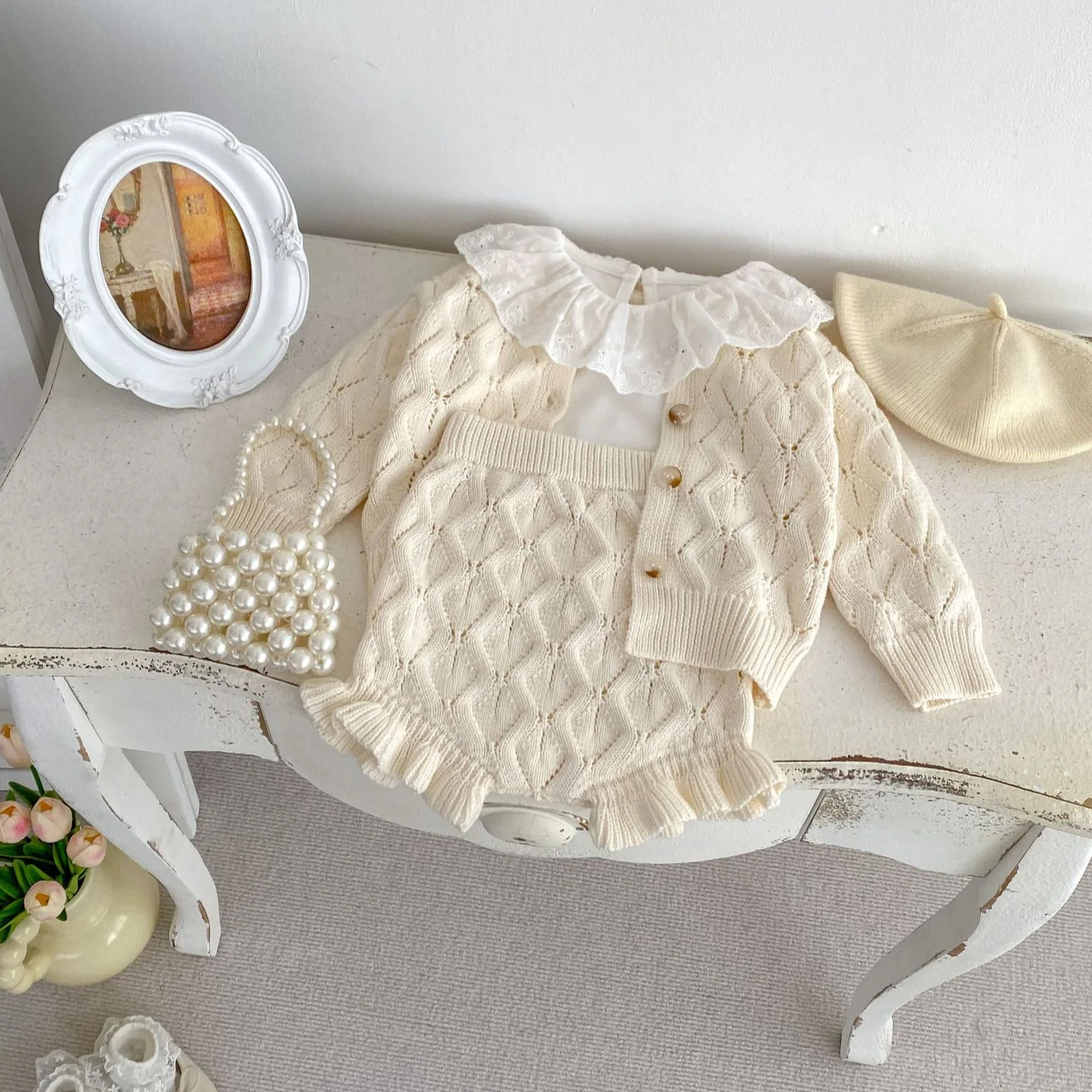 2025 New Baby Clothing Set Spring Autumn Knitted Girl's Sweater Suit Thin Cardigan Coat +Short Sweet Two Piece Suit