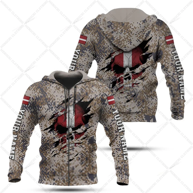 Custom Name Latvia Desert Camo Skull Zipper Hoodies Loose Unisex Oversize Sweatshirts Winter Casual Streetwear Tops Pullover