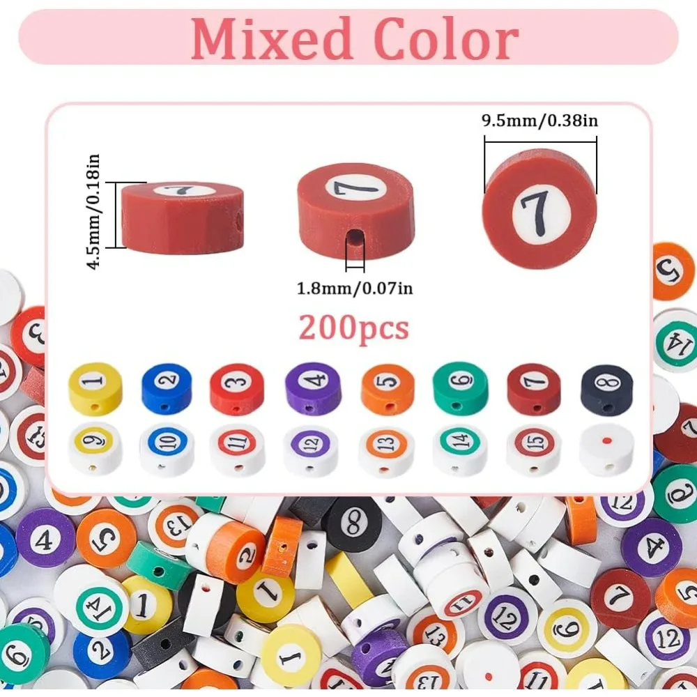 1 Box 200Pcs Polymer Clay Beads Sports Charms Flat Round Clay Beads Bulk Billiard Ball Number Digital Printed Colorful Spacer