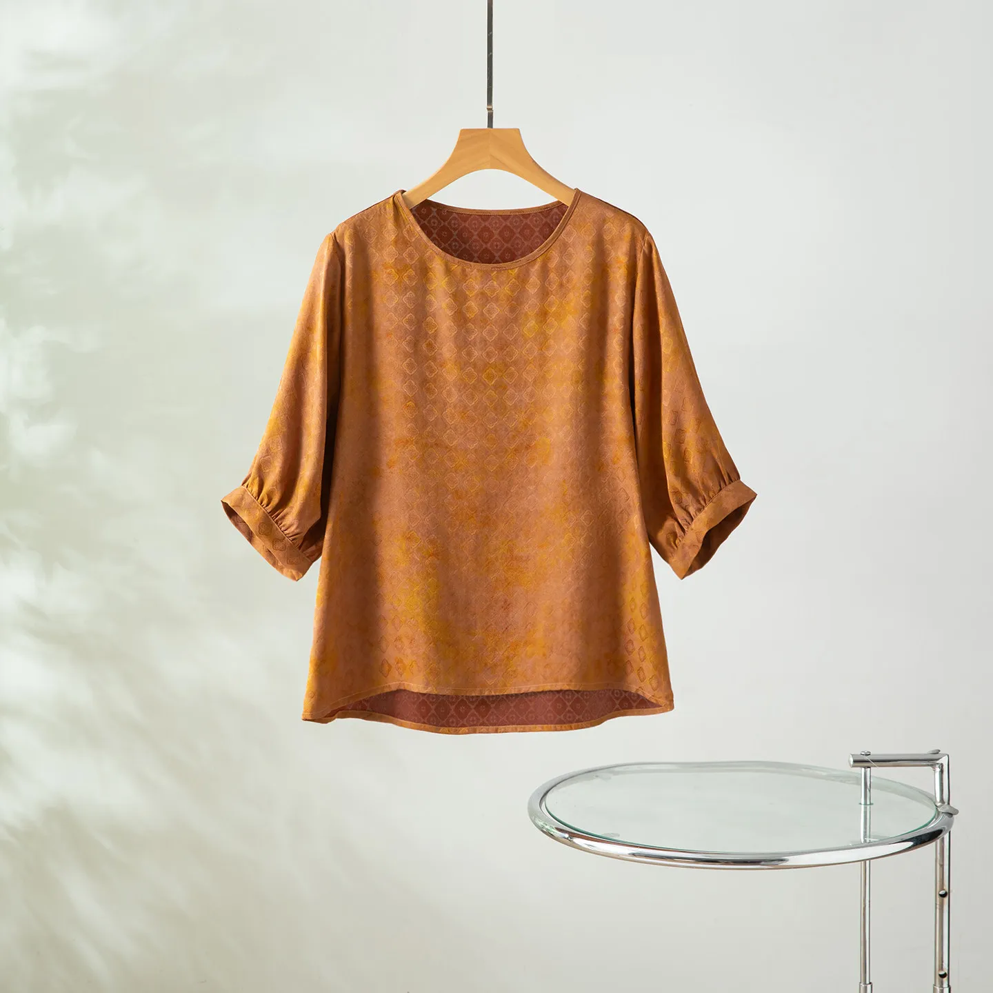 Winsleter-100%Real Silk Watered Gauze Elegant T-Shirt, Half Sleeve Jacquard, Women Retro Loose Top, 2026 Summer New T66036CC