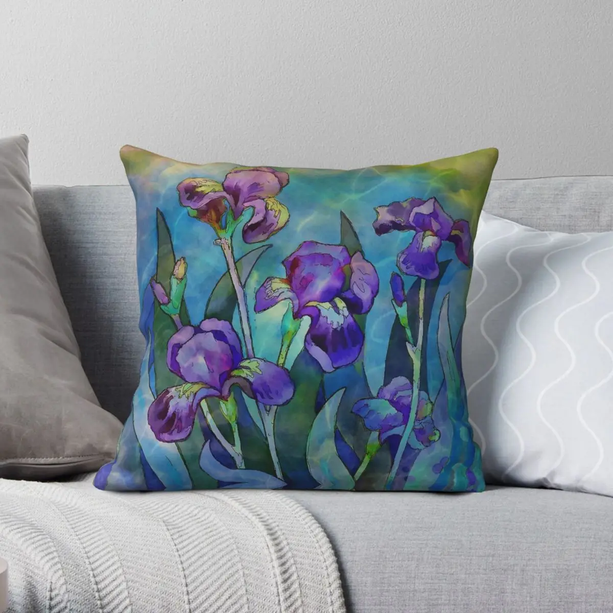 Irises Watercolor Pillowcase Polyester Linen Velvet Pattern Zip Decorative Pillow Case Bed Cushion Cover Wholesale