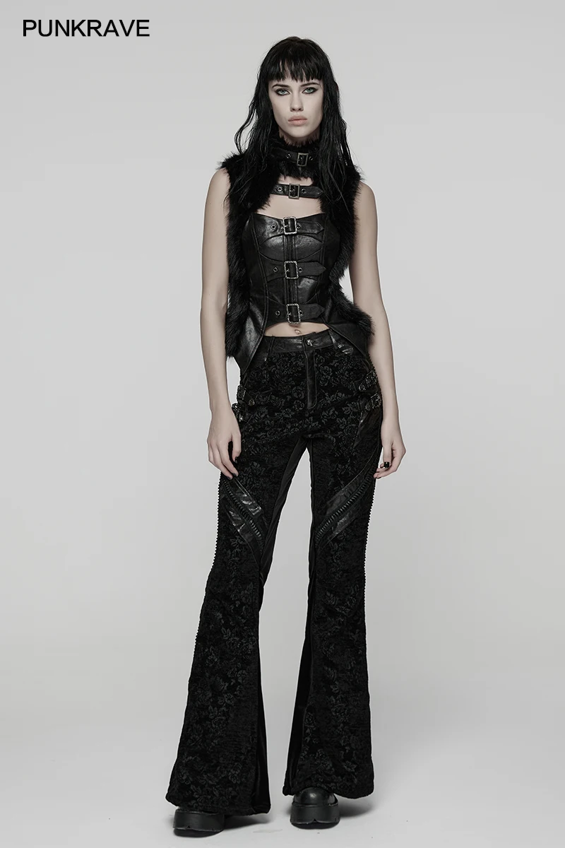 กางเกงขายาวทรงบานลายดอกกุหลาบผ้ากำมะหยี่ยืดหยุ่นสไตล์โกธิคแบบราชสำนักสำหรับผู้หญิง แบรนด์ PUNK RAVE หรูหรา