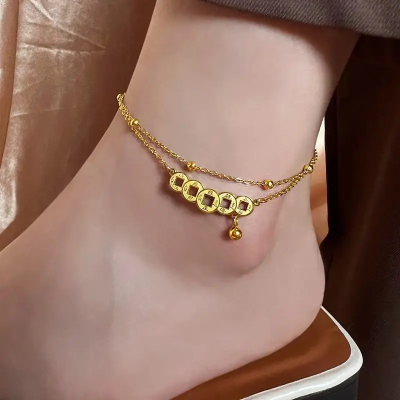 Stainless steel Coin Bell Pendant  Gold colour Anklet For Woman Fashion Ankle Jewelry Girl's Sexy Swimsuit Party Anklet