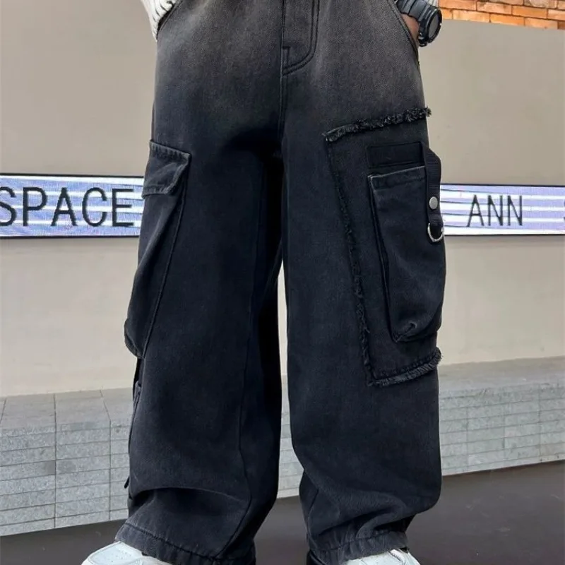 Heavyweight Fleece-Lined Cargo Straight Leg Jeans for Boys 8-14 Years 2025 Autumn Winter Warm Thickened Jeans Pants
