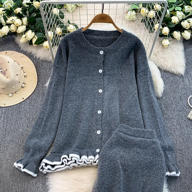 気質のあるカラーブロックニットのフリル付きラウンドネックカーディガンジャケット+ハイウエストスリムフィッシュテールハーフスカートセット