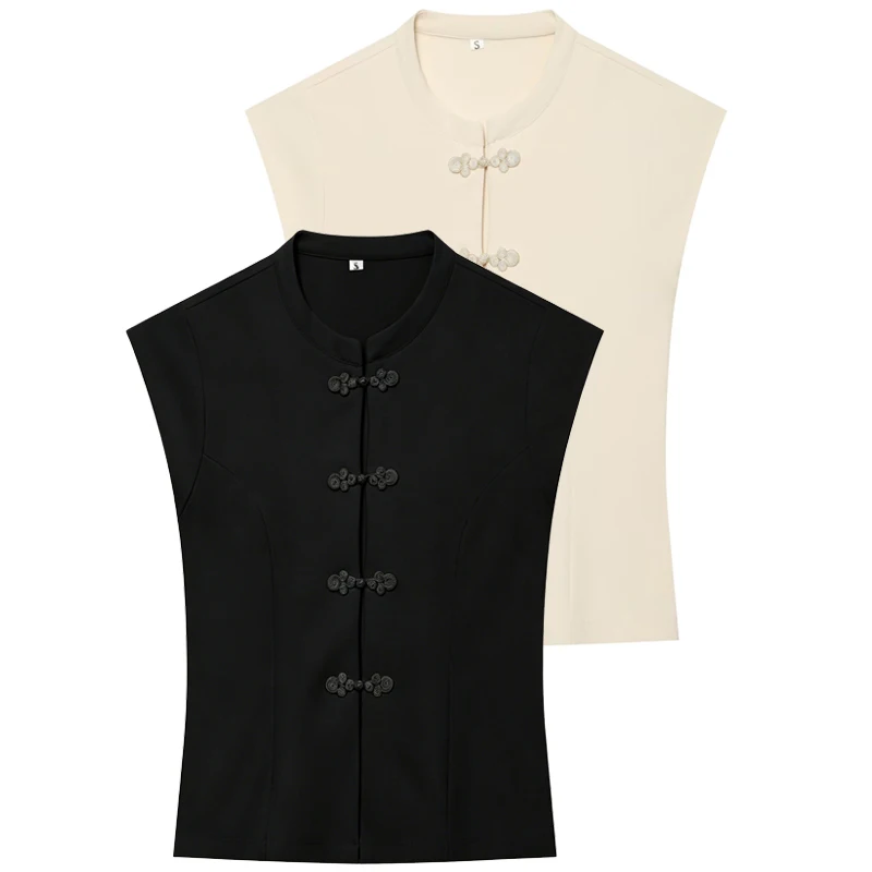HXAO Women's Cropped Sleeveless Vest Summer 2026 Beige Black Waistcoat Women Hollow Out Frog Button Slim Gilet Office Tank Tops