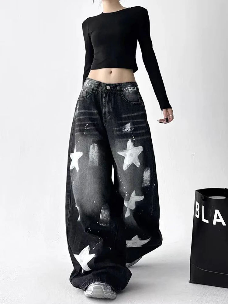Star Print Women Black Jeans Autumn High Waist Streetwear Loose Wide Leg Pants Y2K American All Match Straight Denim Trousers