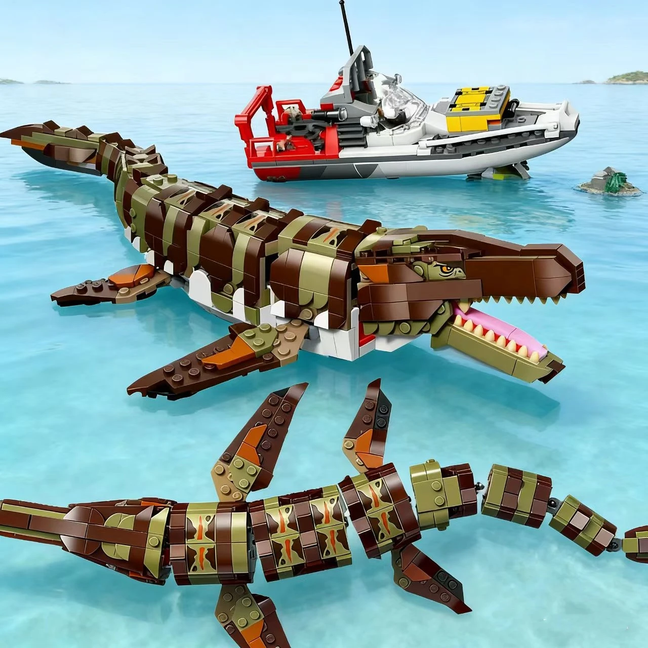 مكعبات بناء سلسلة الديناصورات في الحديقة العالمية، قارب Mosasaurus البحري، ألعاب تجميع الأطفال #1