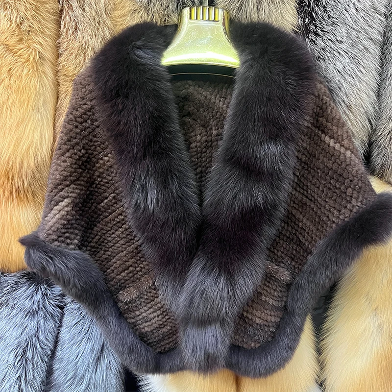 2025 New Real Mink Fur Coat Women Autumn Winter Shawl Knitted Genuine Fur Jacket Cape Scarf Natural Fox Fur Collar Luxury Cloak