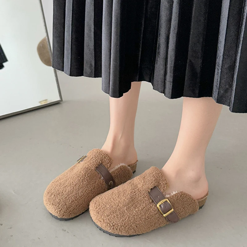 2023 Lambswool Mules Women Belt Buckle Slippers Winter Clogs Shoes Woman Platfoem Cover Toe Plush Fur Slides Outdoor Fuzzy Shoes