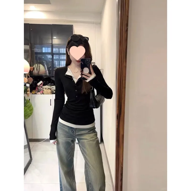 여성 슬림핏 티셔츠 가을 긴팔 버튼 페이크 투피스 블랙 핫티 스트리트웨어 아메리칸 빈티지 하라주쿠 탑스 신상