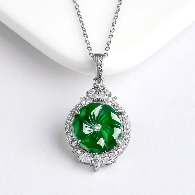 

Burmese Jade Flower Pendant Jadeite Luxury Green Pendants Natural Jewelry Necklace Carved 925 Silver Talismans Stone Men Gift