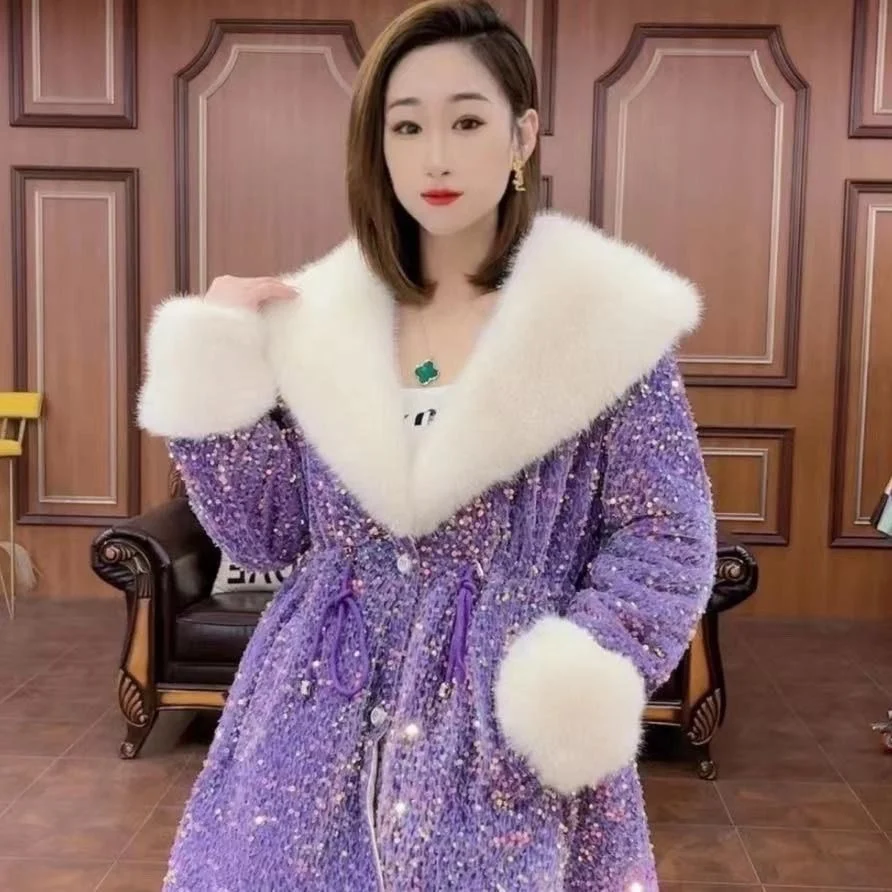 Heavy Embroidery Sequins Temperament Furry Jacket Female 2023 Winter New Fashionable Big Fur Collar Shiny Faux Fur Coat Women