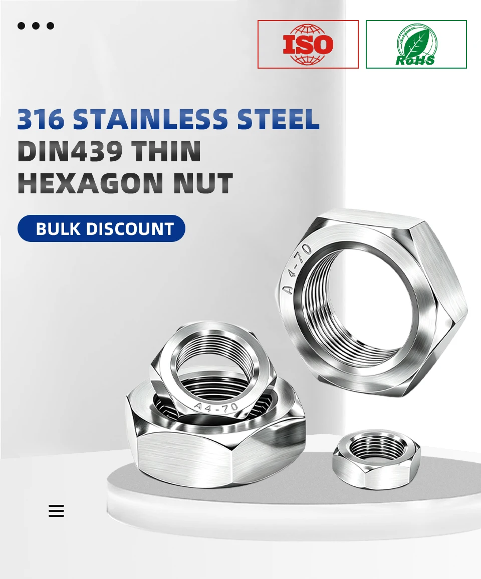 DIN439 GB6172 Dünne Sechskant-Spannmutter 316 Edelstahl Flache Sechskantmuttern M3 M4 M5 M6 M8 M10 M12 M16 M18 M20 – Detail 1