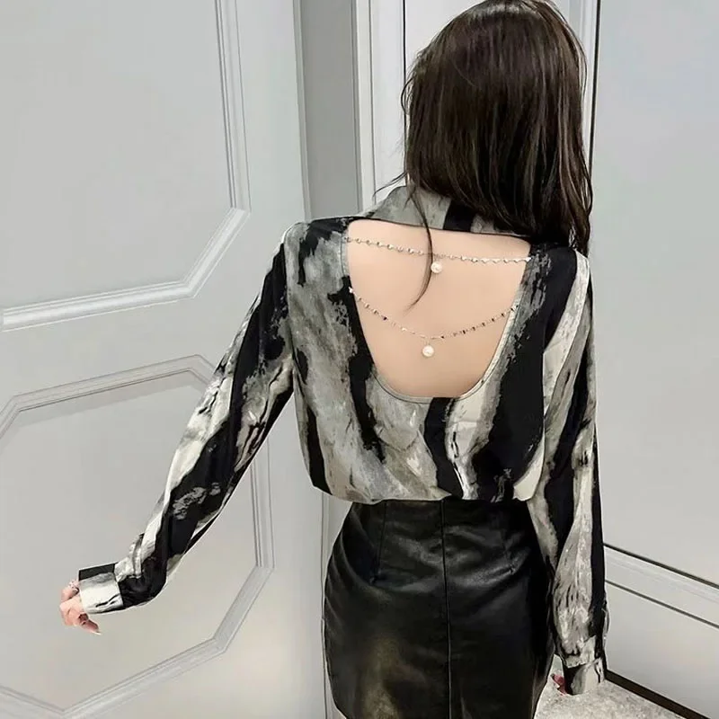 2023 Autumn Women\'s New Fashion Tie Dye Sexy Open Back Shirt Chain Long Sleeve POLO Neck Comfortable Versatile Top