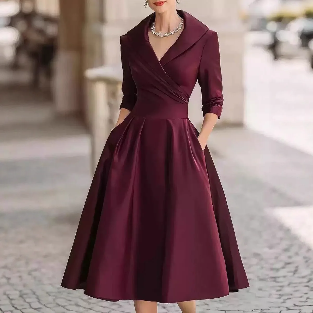 

Socialite Party Dresses Temperament Elegant Solid Color Lapel High Waist A-line Dress Commuting Style Long Sleeve Vestidos New